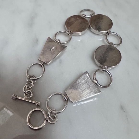 925 Sterling Silver Round & Trapezoid Shape Abalone Chain Link Toggle Bracelet - Picture 8 of 13